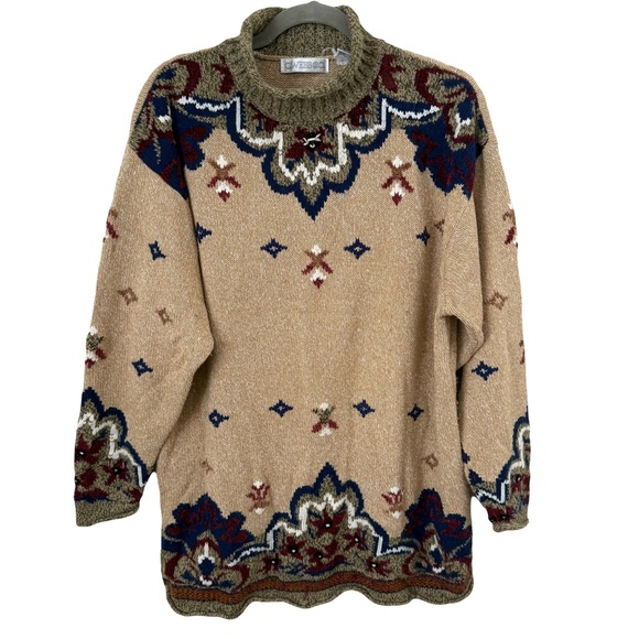 Vintage 90s Boho Western Gypsy Roll Neck Silk Blend Tan Blue Sweater Large - Picture 2 of 5